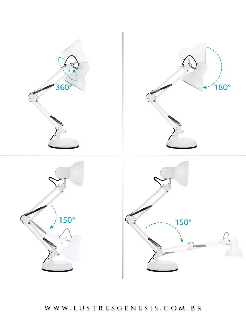 Luminária de mesa branca, ideal para leitura, quartos e escritórios. Lustres Gênesis loja online de Lustres e Iluminação Decorativa